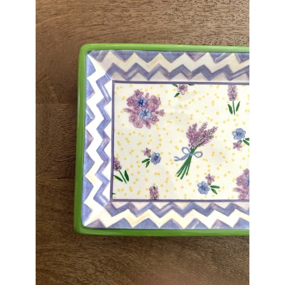 MacKenzie-Childs Trinket Tray Lavender Floral Zig Zag Ceramic Vanity Catchall
